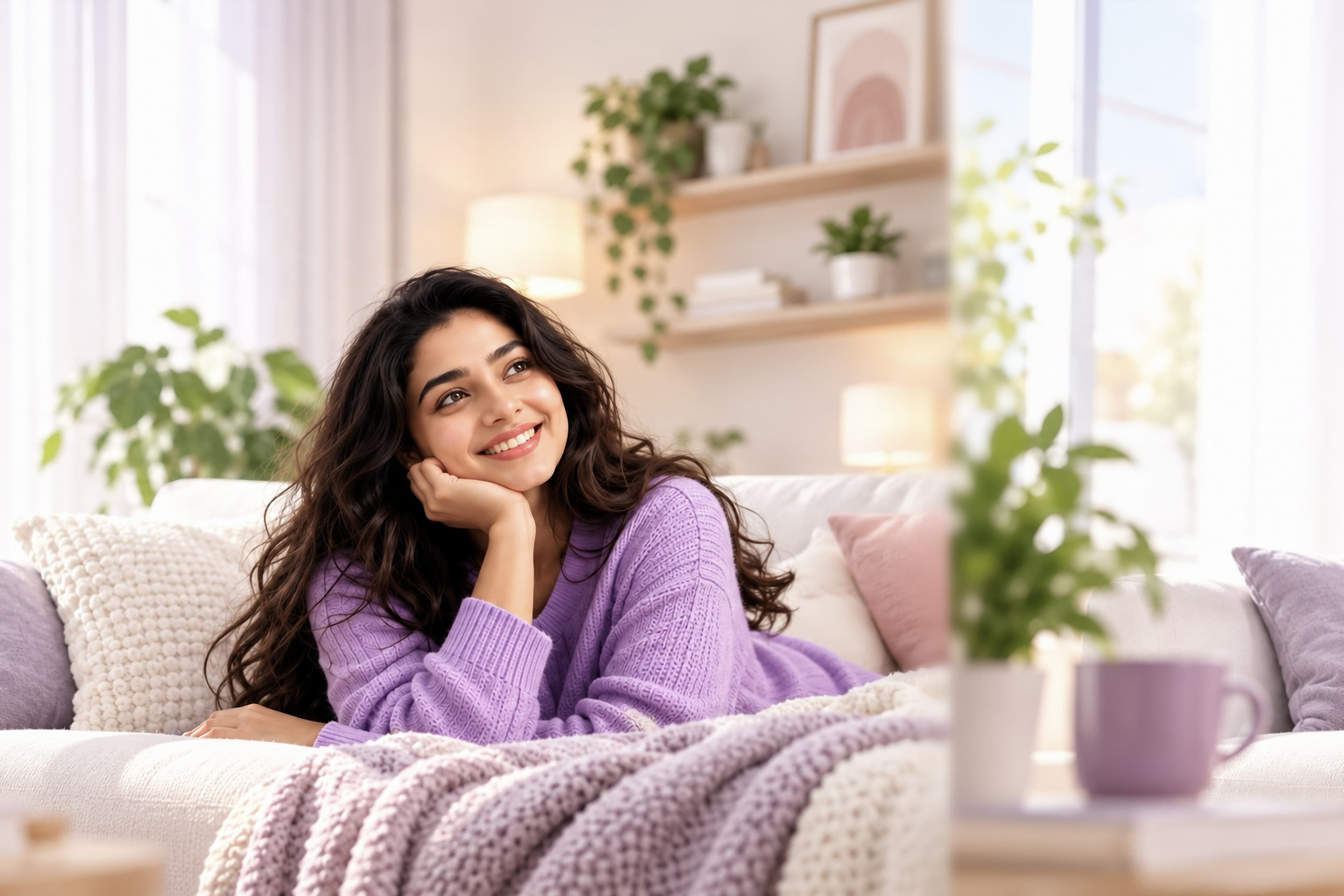 Woman in purple sweater feeling radiant with YUMO